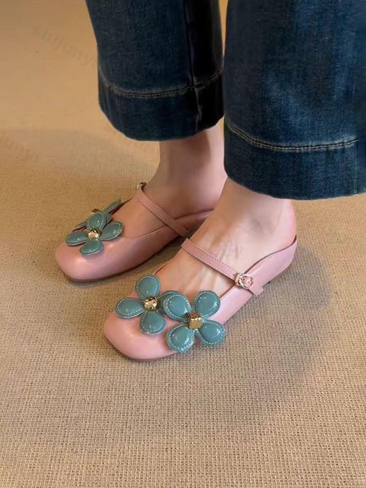 

Fashion 2025 Summer Elegant Fashion Slippers Flower Designed Buckle Single Shoes for Women Height Increasing French Style Sweet Sandals 35 розовый