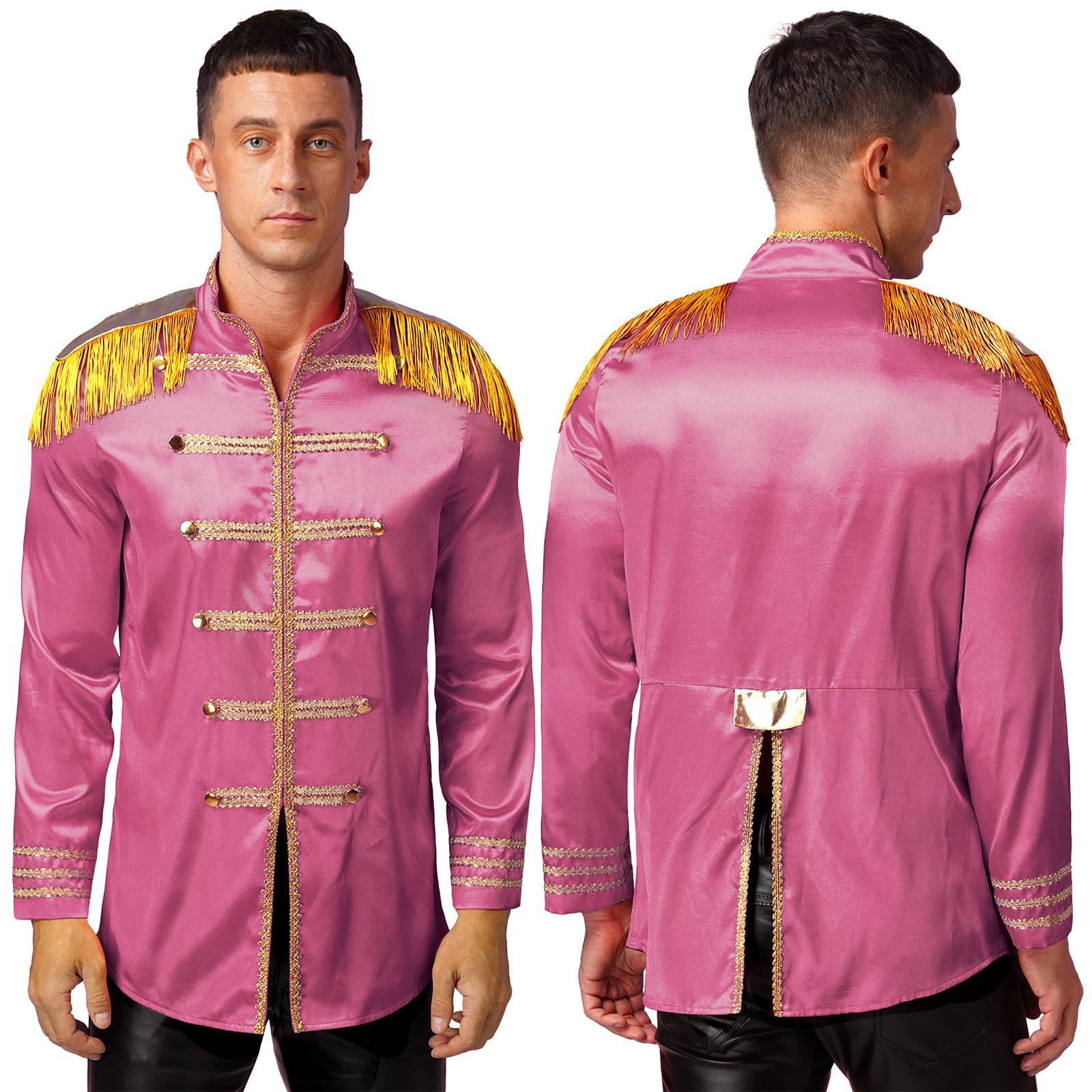 

Men s Halloween SGT Sergeant Pepper Costume Jacket Marching Band Rock Man 60s Satin Cardigan Coat S горячий розовый