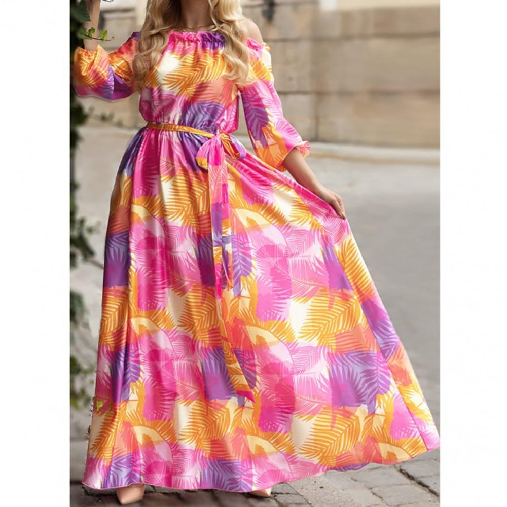 Women's Off Shoulder Long Sleeve Floral Print Loose Fit Casual Maxi Dress Party Beach Long Dress