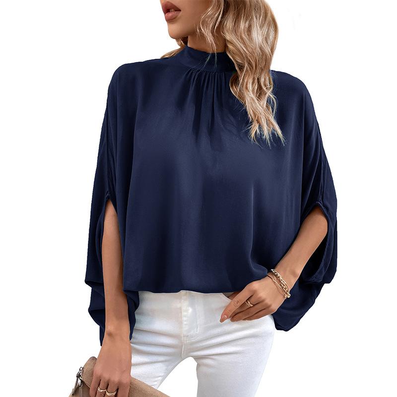 Women Solid Color Loose Batwing Sleeve Half High Collar Casual Summer Shirt