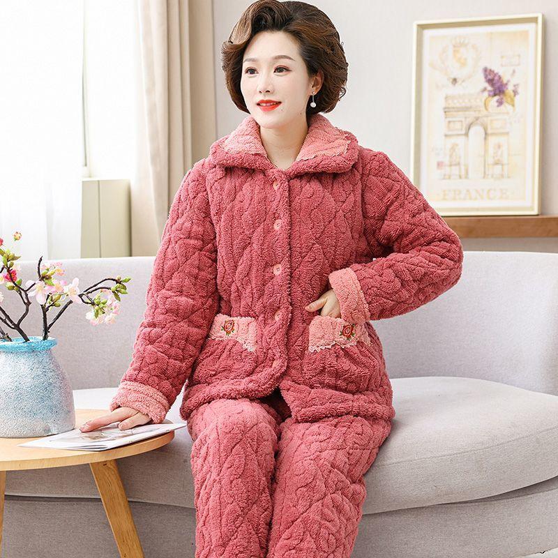 Autumn Winter Women's Padded Thick Coral Fleece Coat and Pants Two-piece Warm Pajamas Set Loungewear