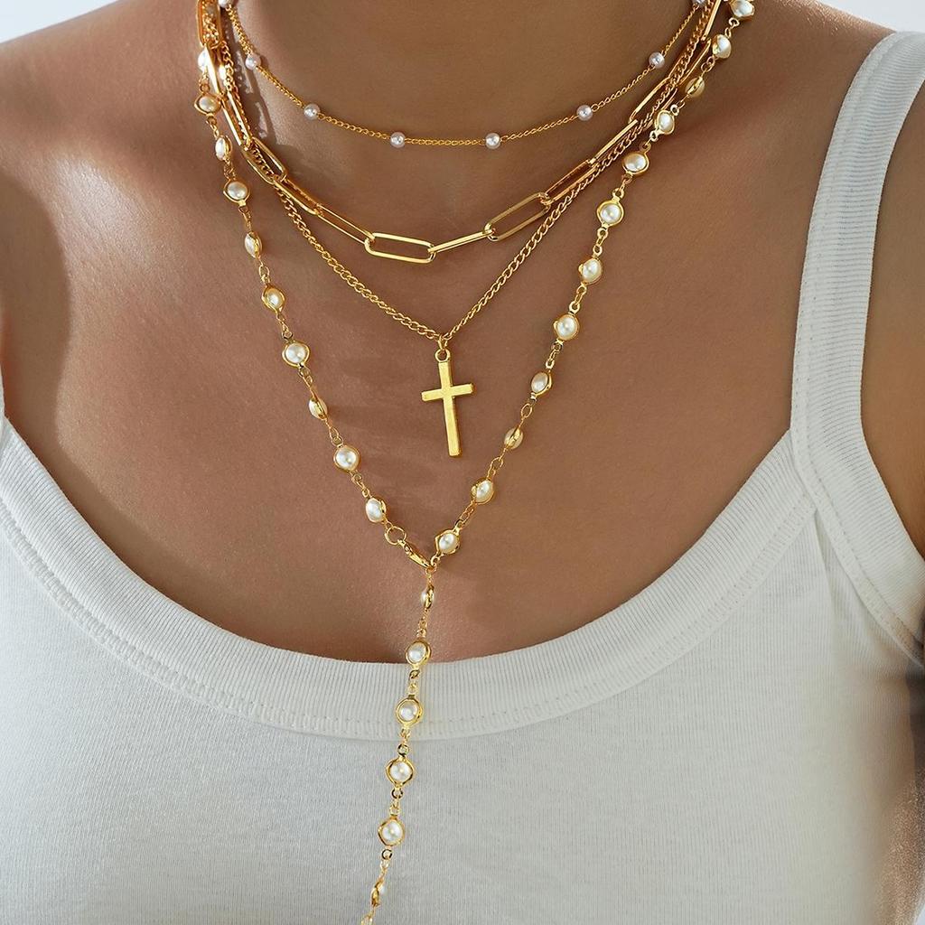 4pcs Fashion Simple Elegant Star Pendant Necklace Set Retro Pearl Y-Shaped Long Chain Necklace for Women Daily Wear Jewelry Gift
