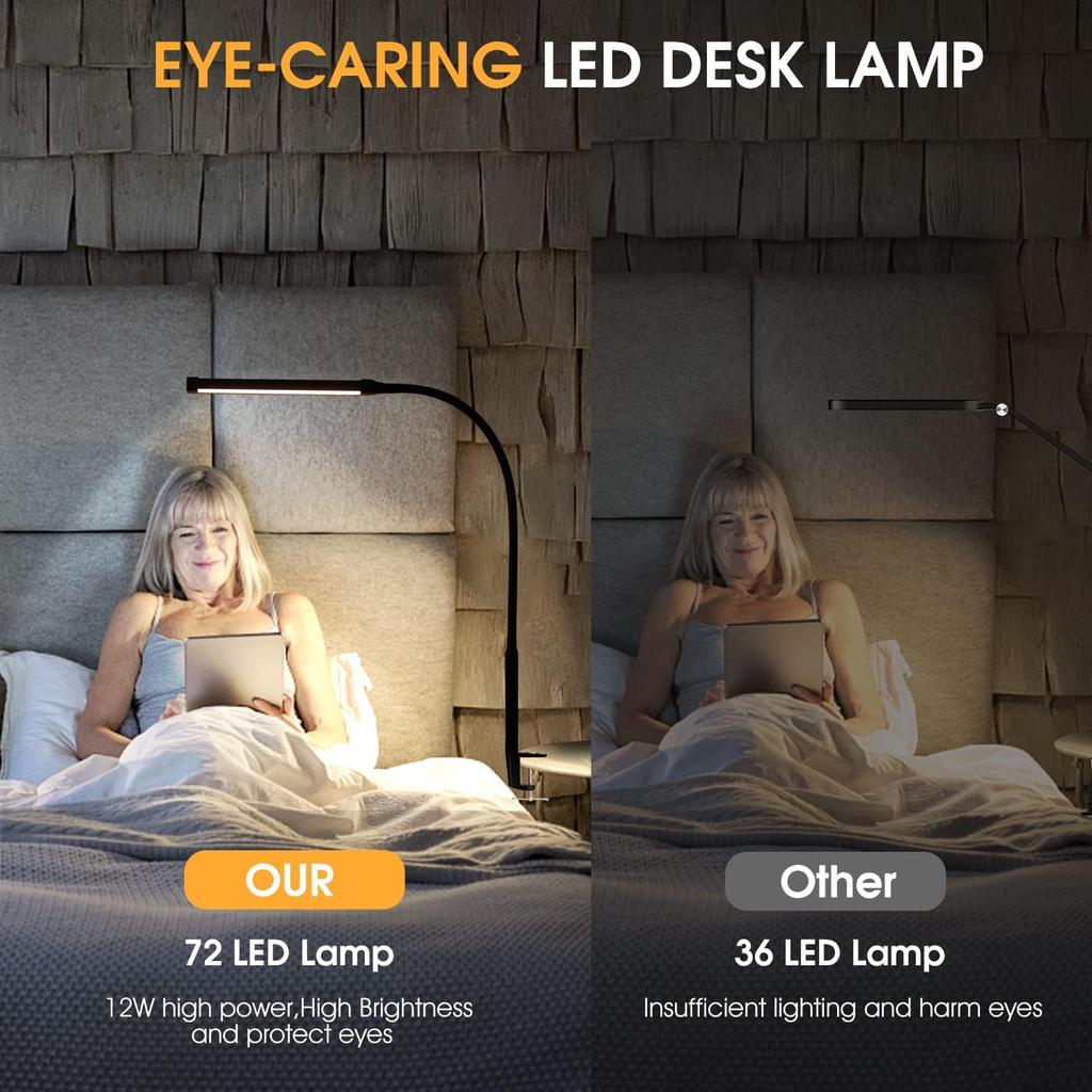 LED Desk Lamp with Clamp, Eye-Caring Clip On Lights for Home Office, 3 Modes 10 Brightness, Long Flexible Gooseneck, Metal, Swing Arm Architect Task