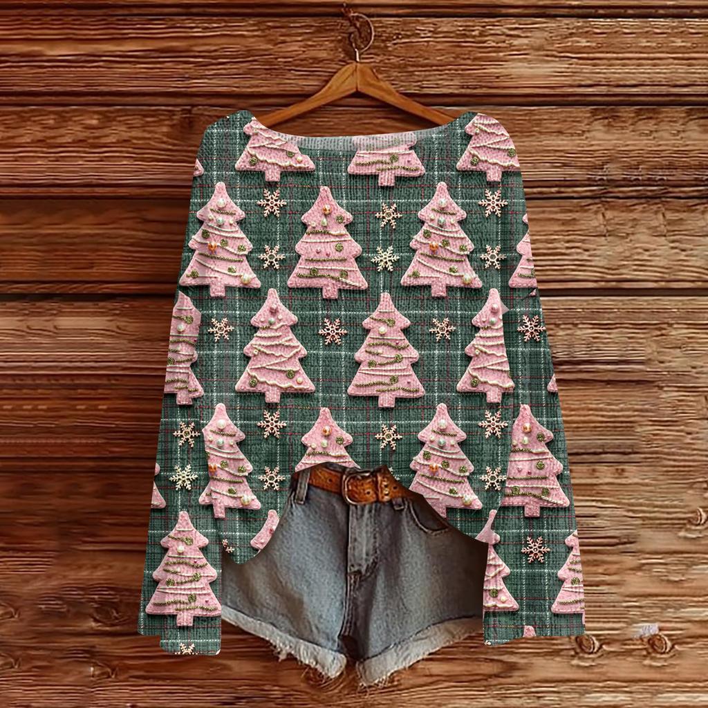 Ladies' Fashionable Casual Long Sleeved Christmas Printed Round Neck Knitted Yarn