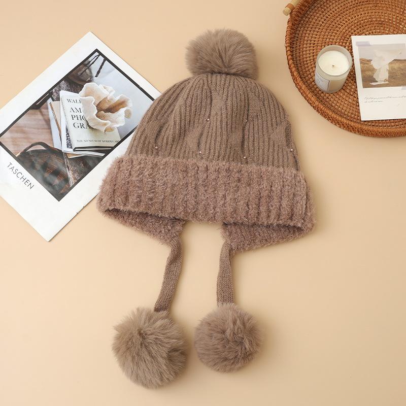Autumn and Winter Hats for Women Sweet and Cute Fur Balls and Velvet Rabbit Fur Warm Hats Fashionable and Versatile Ear Protection Wool Hats