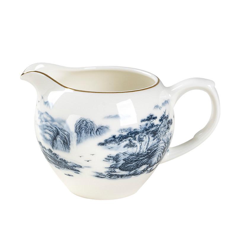 White Porcelain Tea Set: 270ml Pitcher, 190ml Fairness Cup, Milk Pitcher, and Blue & White Landscape Divider.