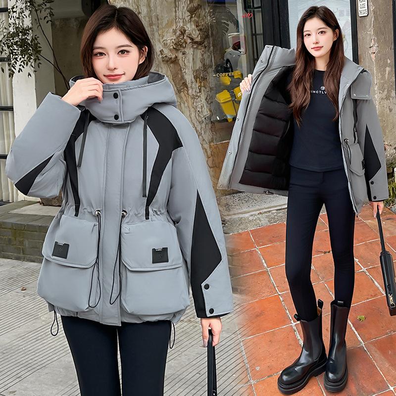 Color Matching Down Cotton Clothes Women's Medium and Long 2025 New Hooded Waist Winter Fashion Loose Thickened Warm Jacket