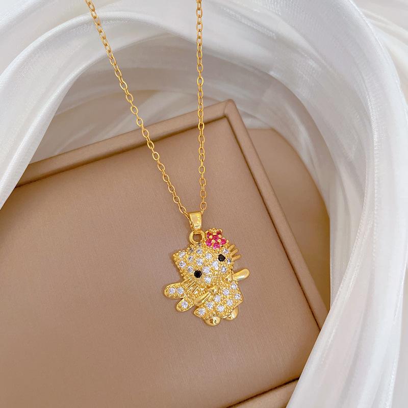 Flower Cat Drill Light Luxury Temperament Gorgeous Full Diamond Necklace Female Versatile Collarbone Chain Titanium Steel Chain