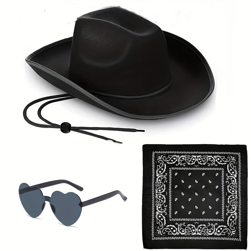 Pink Cowboy Hat, Black & White Scarf, Denim Hat Three-Piece Set