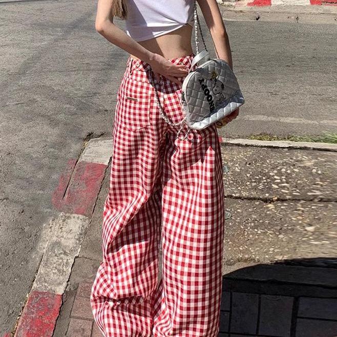 Spring Retro Wide-Leg High-Waist Plaid Pants - Women's Casual Red Floor-Length Style