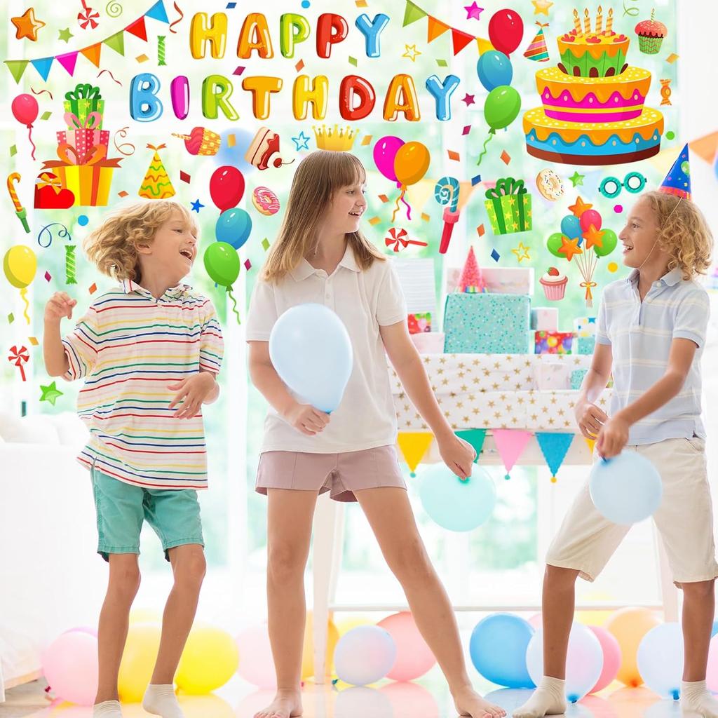 Whaline 6 Sheets Happy Birthday Window Clings Colorful Birthday Cake Balloon Banner Double-Sided Window Stickers for Boys Girls Anniversary Party