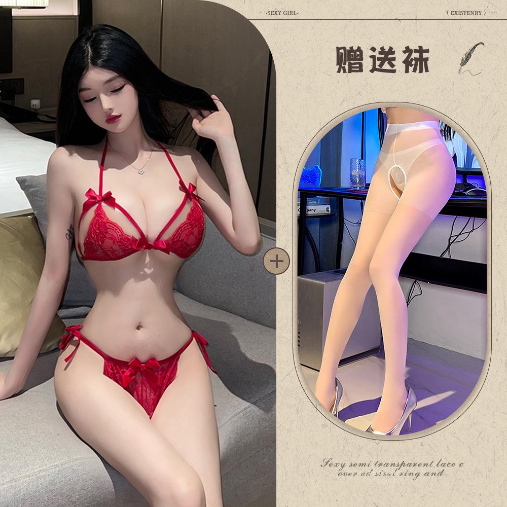Sex underwear sexy lace three-point bra underwear women's transparent temptation pure desire women's pajamas