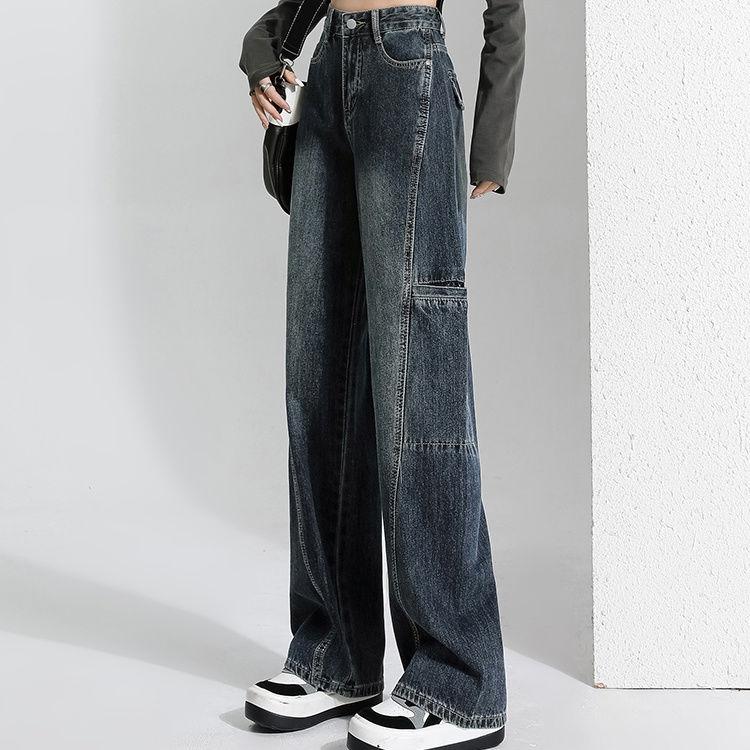 

Синие ретро-комбинезоны, джинсы, женские новые осенние и зимние прямые брюки с высокой талией, тонкие ниспадающие американские широкие ноги. XL