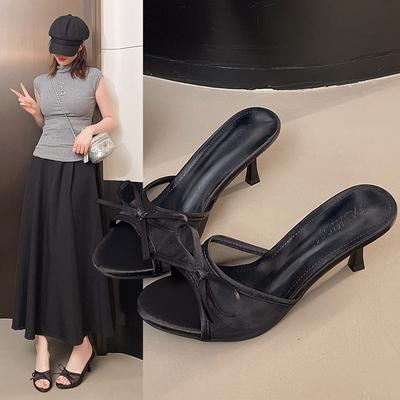 Versatile Slippers New Products In Summer 2025 European and American French Open-toe Mesh Bow High-heeled Cool Slippers Women