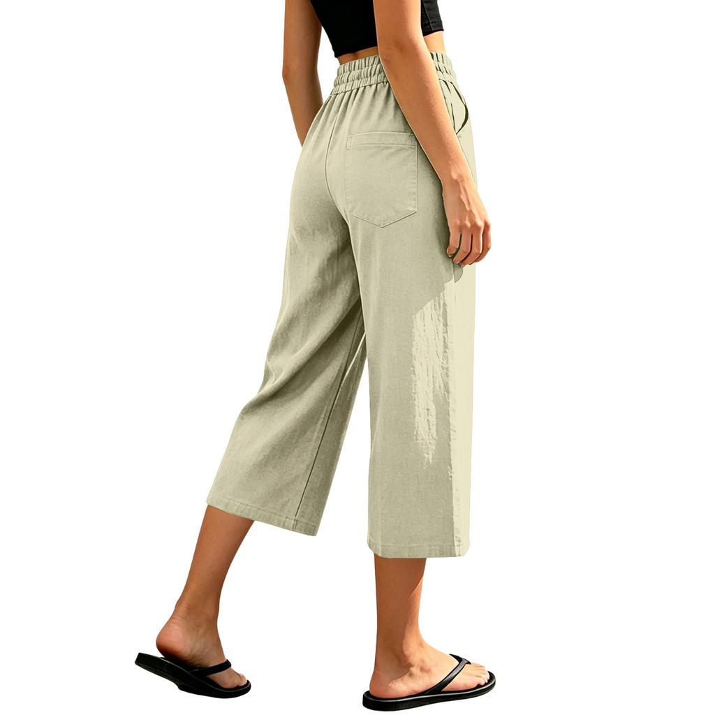 Women Drawstring Waist Loose Fit Cotton Linen Cropped Pants with Back Pocket Relaxed Fit Casual Seven Eighths Trousers for Daily Wear