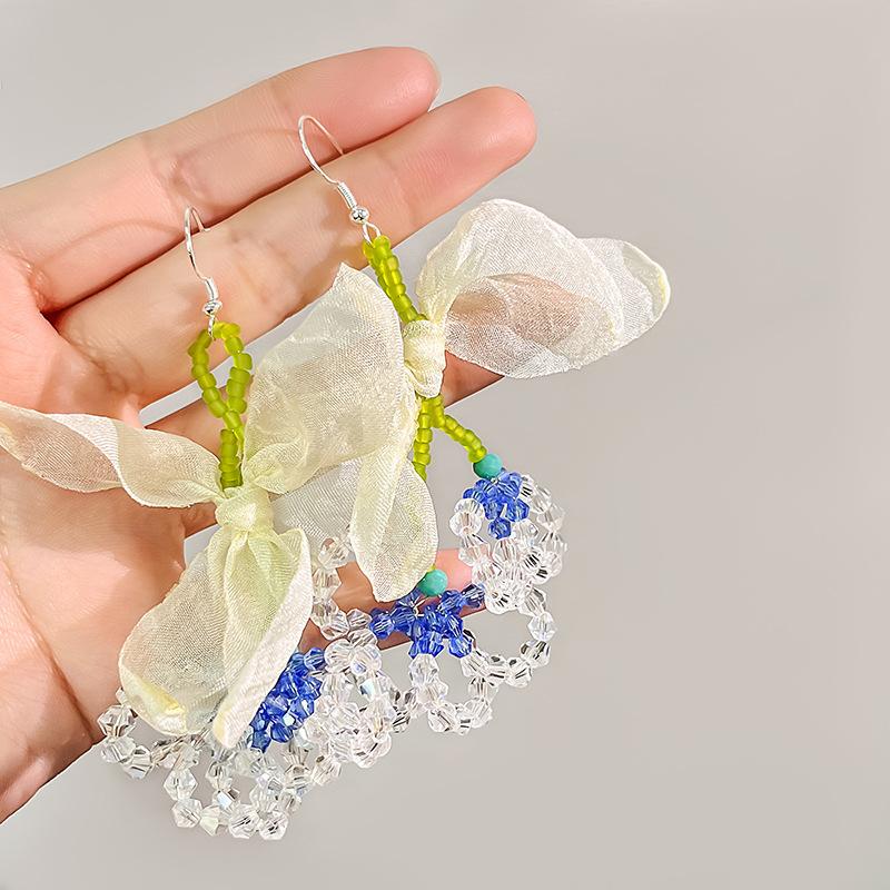 Summer Small Fresh Fabric Leaf Ear Hook, Sweet Little Fragrant Wind Earrings Crystal Fringed Lily Of The Valley Earrings