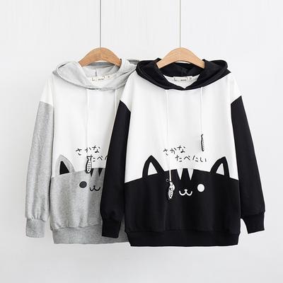Czarne białe szwy pulowerowe bluzy damskie z kapturem kot śliczna bawełniana bluza topy list Kawaii Anime obszerna bluza z kapturem