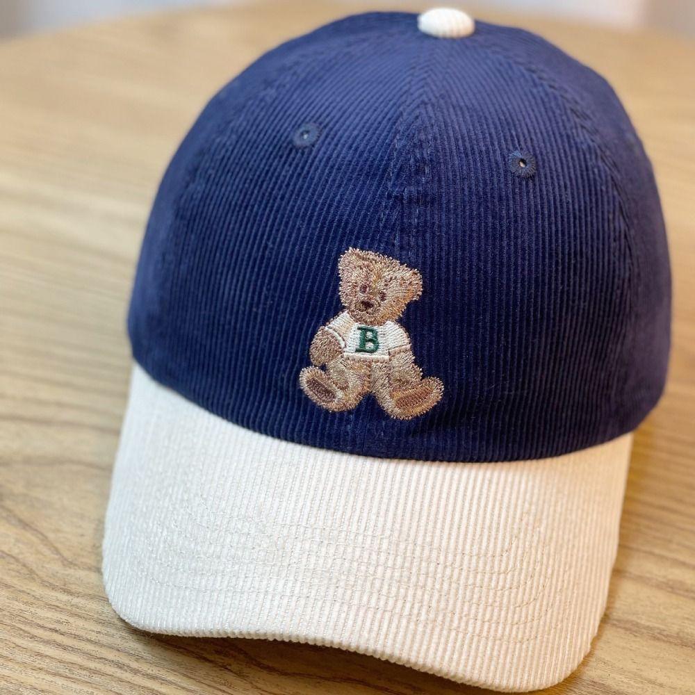 Embroidered Bear Baseball Hat Corduroy Outdoor Sport Hat Cute Travel Sunshade Hat