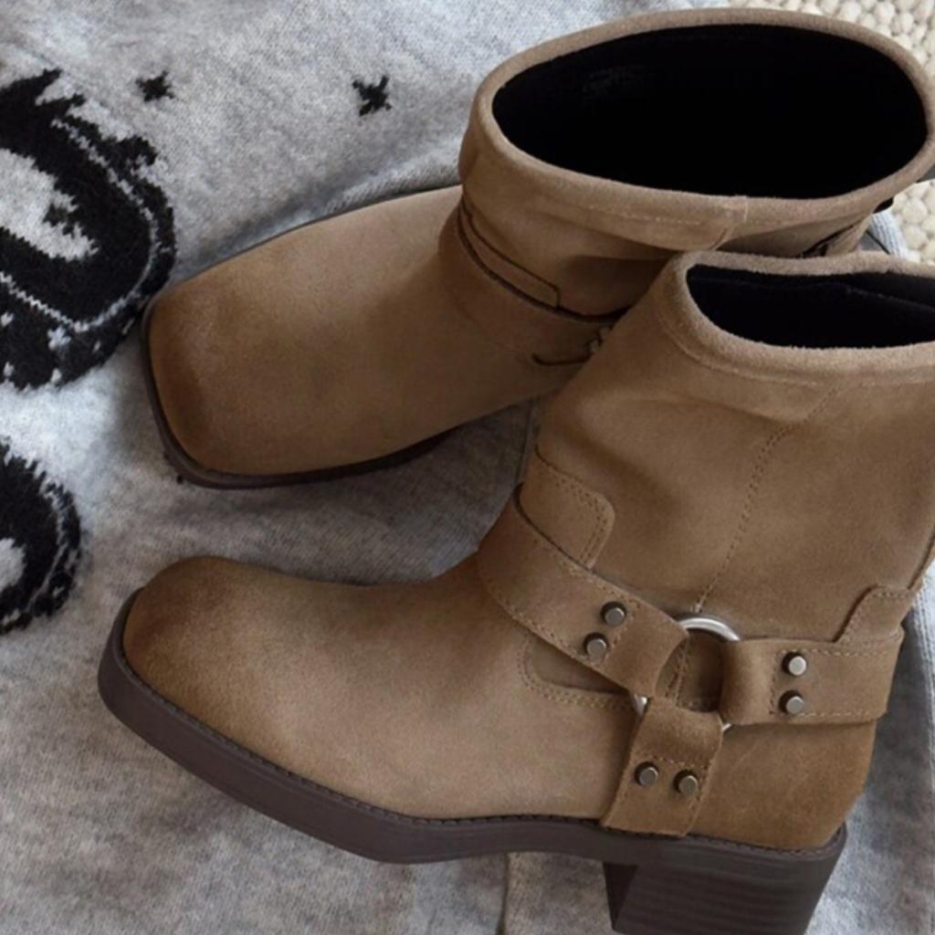 Vintage Maillard Belt Buckle Medium Boots Western Cowboy Boots Martin Boots Women's Autumn and Winter Thick Heel Square Head Short Boots