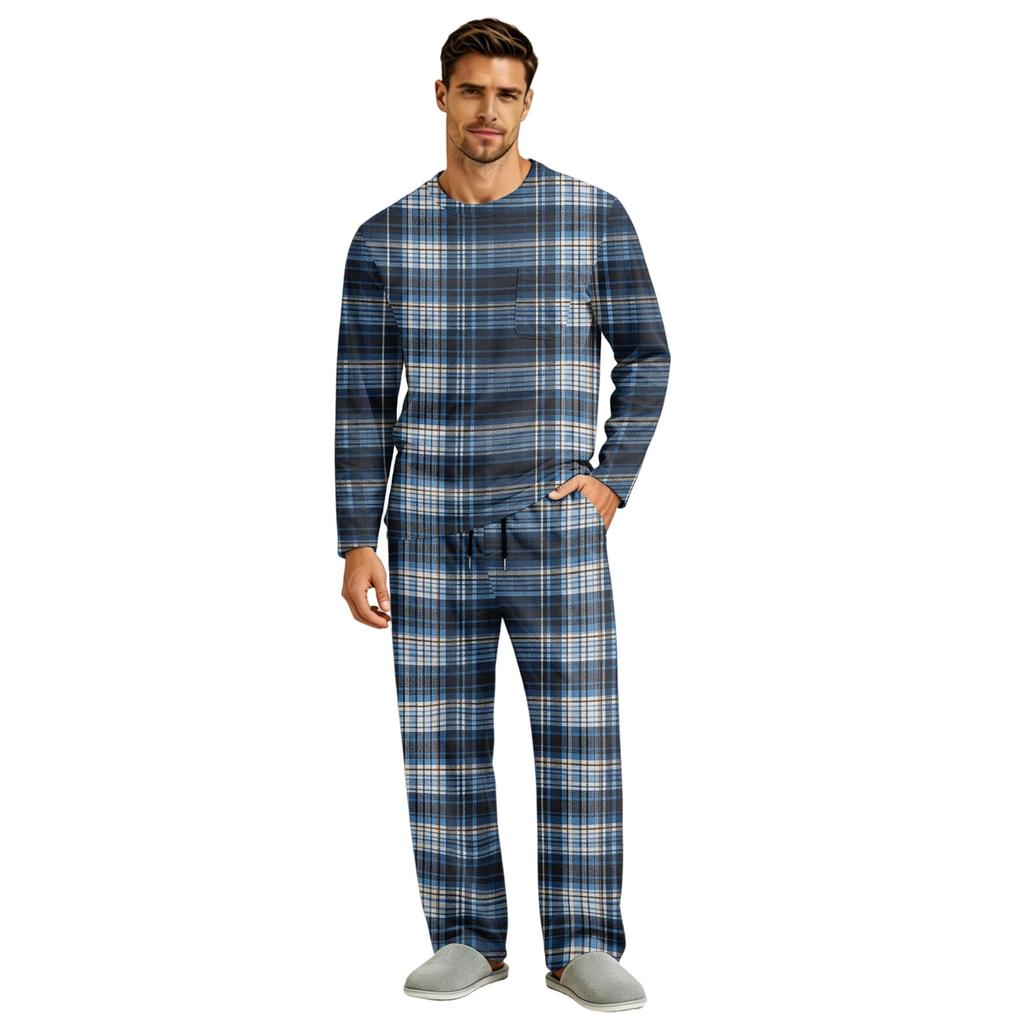 Men's Long Sleeve Pajama Set with Button Crotch and Elastic Drawstring Waist for Home Comfort