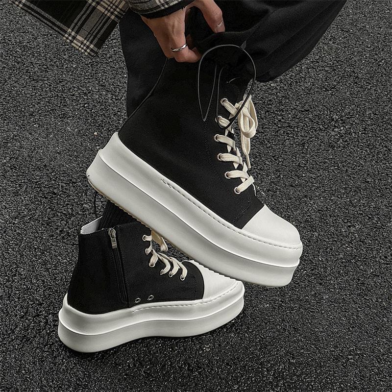 mens casual breathable platform boots lace-up canvas flats shoes cowboy ankle boot street style youth stylish short botas hombre
