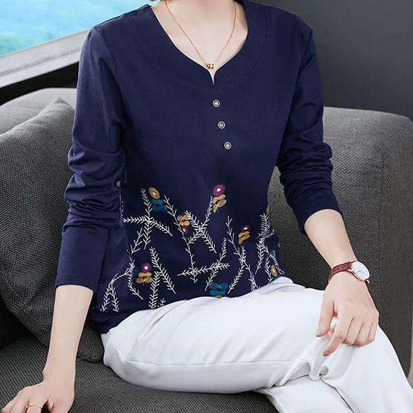 WTEMPO Camisas versáteis de algodão misto com gola redonda e botões para mulheres, manga comprida, ajuste solto, tops casuais