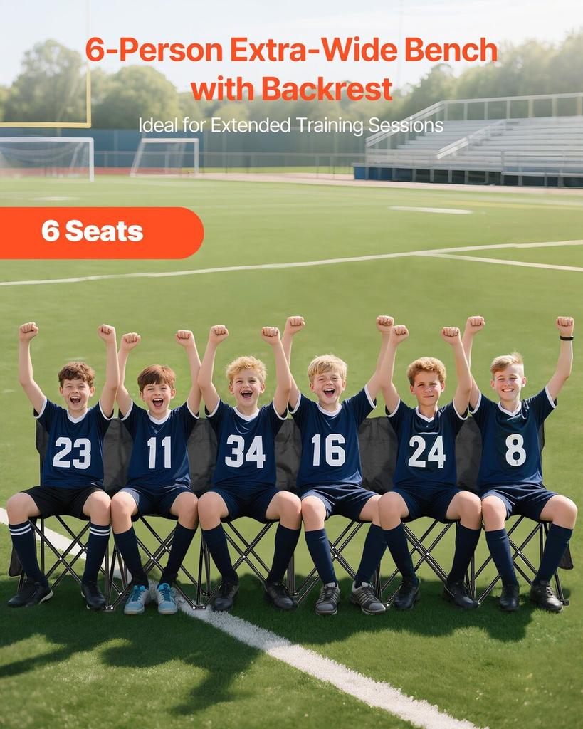Portable Folding Bench, 6 Seat Soccer Bench with Multiple Storage Pockets & Carrying Bag, Lightweight Sideline Seating with Back Rest for Football,