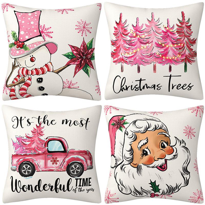 New Pink Santa Claus Pillow Case Linen Christmas Decoration Living Room Sofa Cushion Cover Pillow