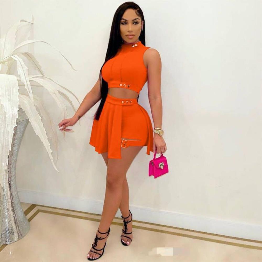 Women's Slim Fit Skirt Set Sleeveless High Neck Crop Top High Waist Button Mini Skort Two Piece Summer Matching Outfit