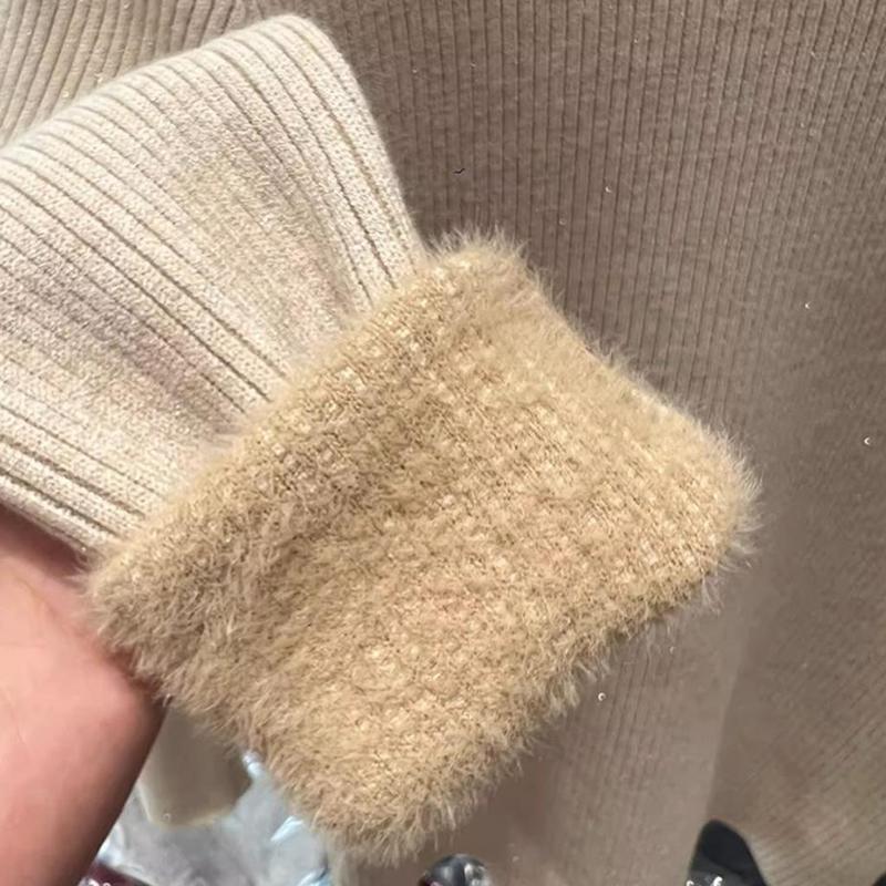 Ladies Winter Fleece Lined Thermal Long Sleeve Slim Fit Basic Solid Color Pullover Knitted Warm T Shirt Top for Layering