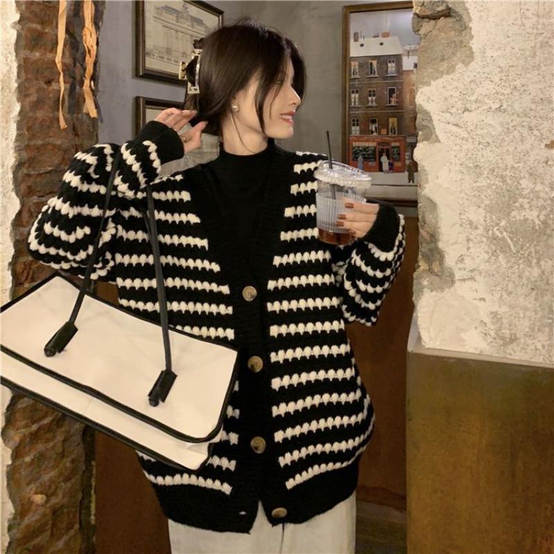 Korean Version Striped Sweater Cardigan Jacket Women Spring and Autumn Westernized Loose and Versatile Outerwear Top Sweater