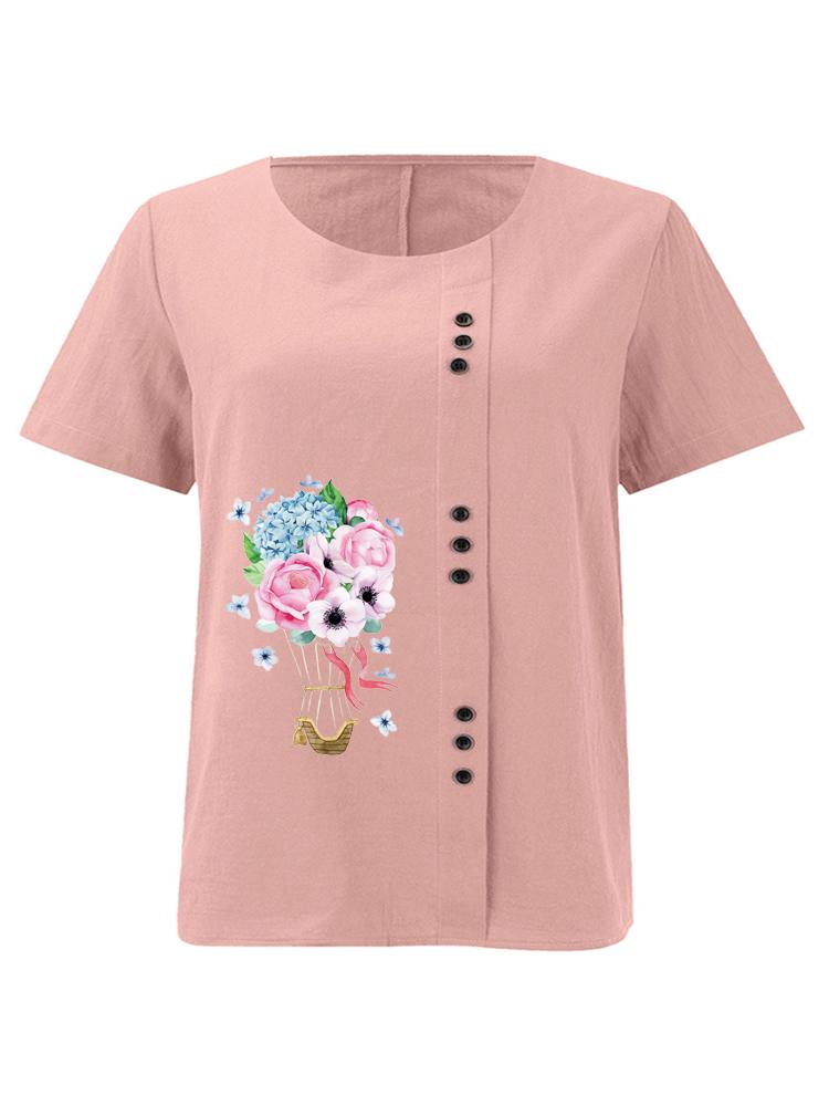 Women s Fashion Flower Hot Air Balloon Print Casual Cotton Linen Short Sleeve Round Neck T-shirt Shirt Leisure Loose Summer Blouse Tops S
