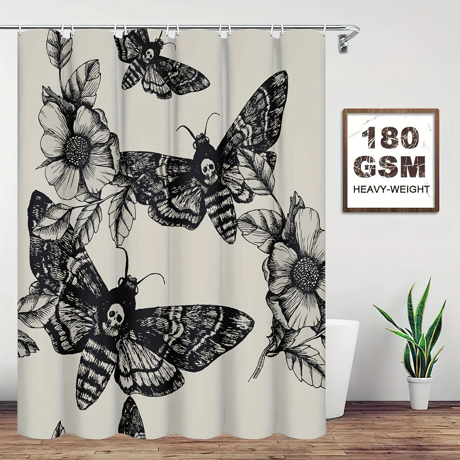 Creative Homewares Black/Cream Skull & Death Moth Shower Curtain - & Floral Design, Skeleton Bones, Machine Washable, Aesthetic Home Decor