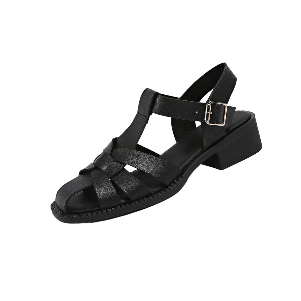 Woven Open Toe Women Sandals Retro Chunky Heel Back Strap Adjustable Buckle Roman Style Summer Footwear