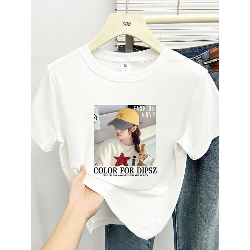 

Women s 2024 Summer Korean Style Petite Straight Shoulder Short Sleeve T-Shirt - Round Neck Versatile Print Fashion Top 2XL