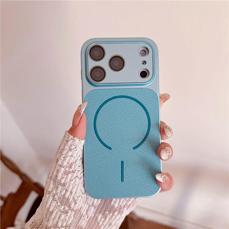 Lychee Pattern Magnetic Lens Protective Case for iPhone 16 & 17 Pro Max iPhone 16 Pro Max синий
