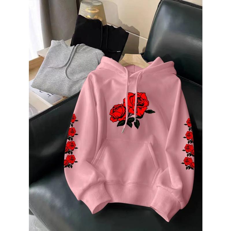 Rose Printed Hooded Men Women Hoodies Plus Size Fashion Sweatshirt Harajuku Long Sleeve Unisex Streetwear Tops