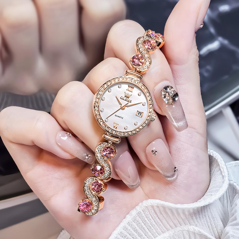 Luxury Rhinestone Bracelet Watch for Women OLEVS Rose Gold Case Mother of Pearl Dial Date Fashion Elegant Quartz Wrist Watch
