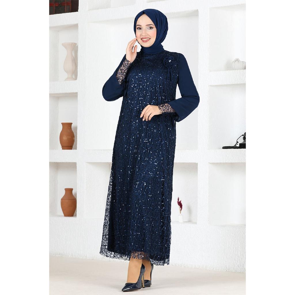 Women's Clothing Evening Dress Fashion Mesh Sequined Rose Hijab Evening Dress 2517 Navy Blue