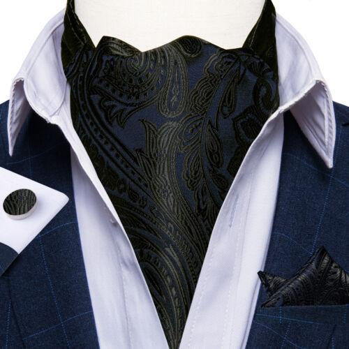 Mens Ascot Silk Cravat Blue Paisley Tie Handkerchief Cufflinks Set Formal Party