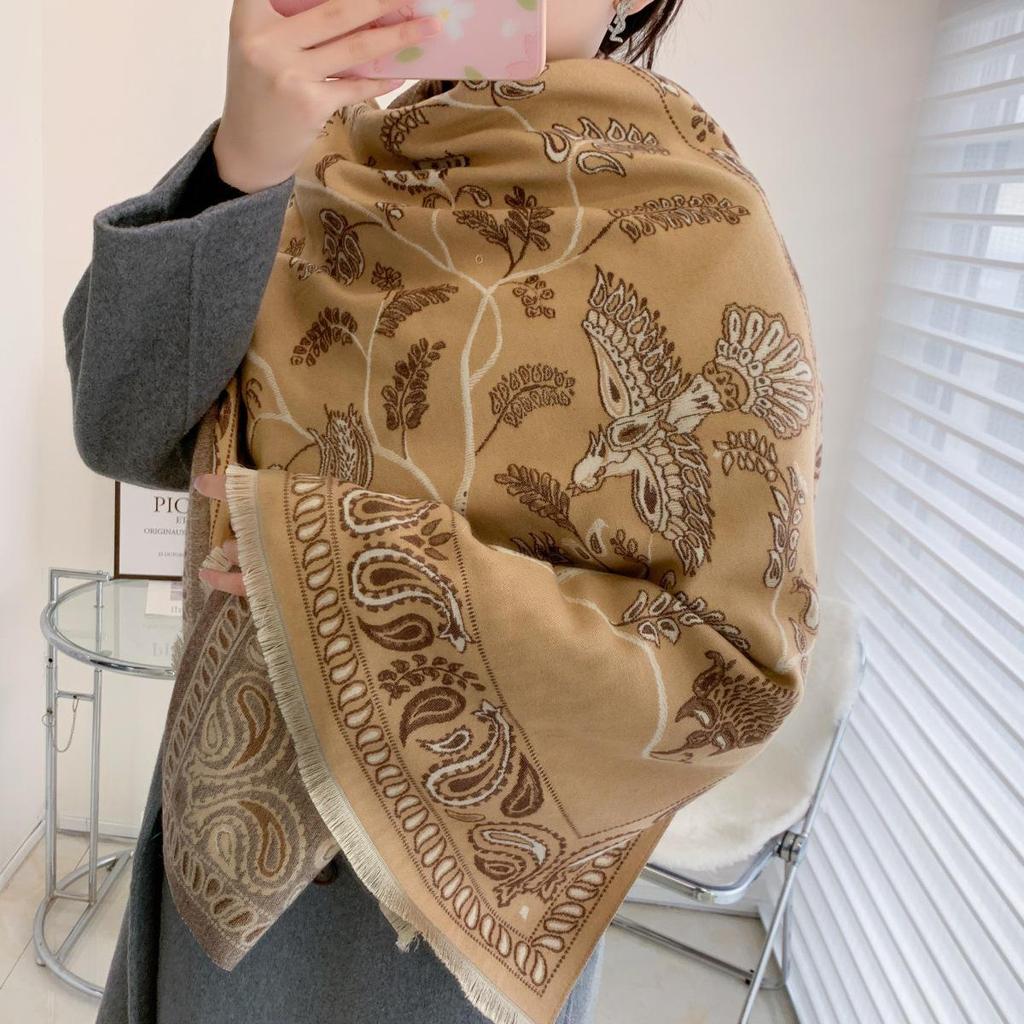 Women's Winter Ink Painting Scarf Shawl - High-End Imitation Cashmere, Knitted for Warmth and Style