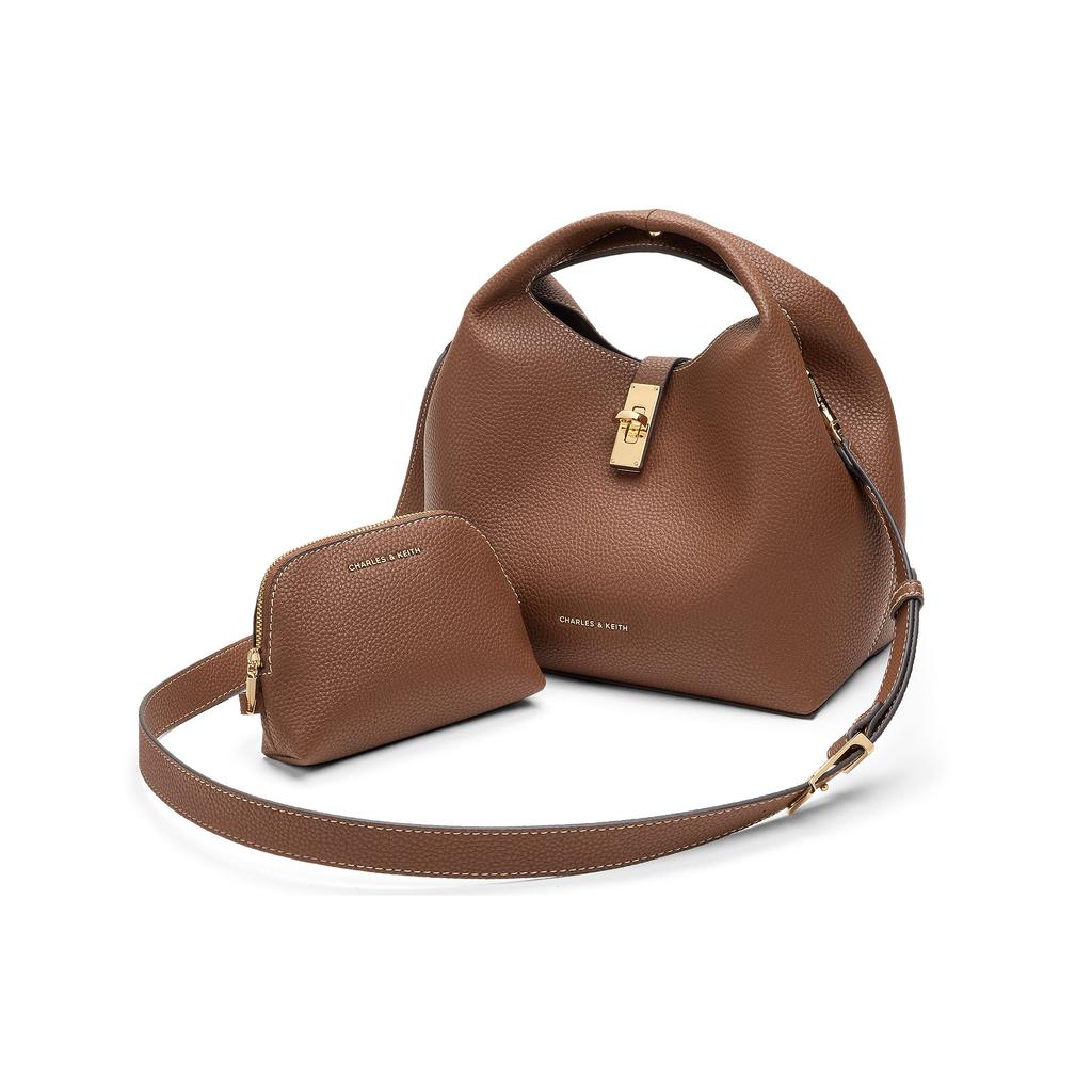 Charles & Keith Summer High-Value Popular Versatile Simple Elegant Commuter Tote Bag With Inner Pouch Synthetic Leather Bucket Bag CK2-10701618
