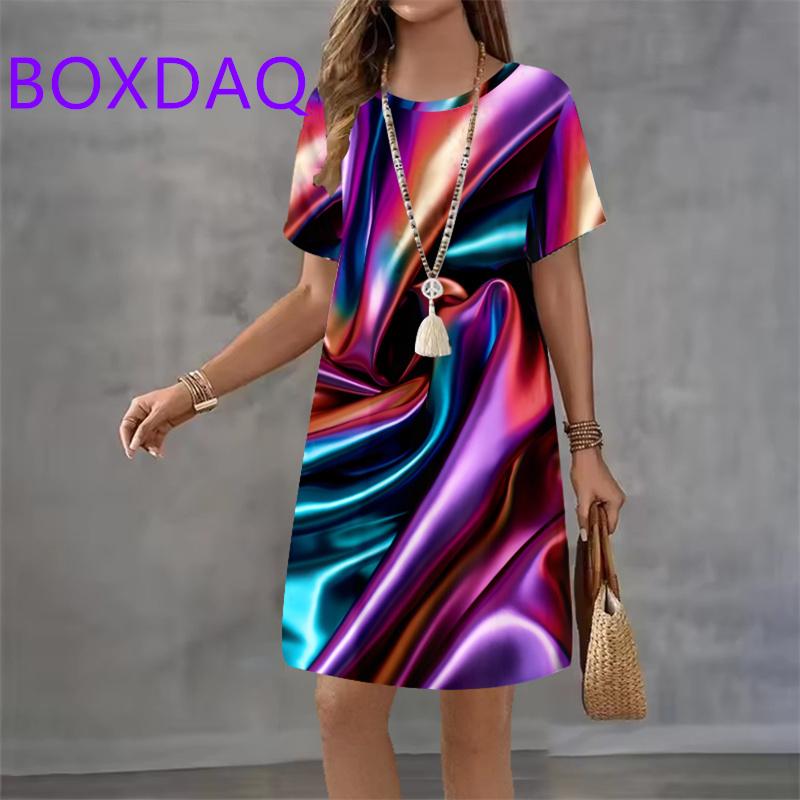 Vintage 3D Gradient Print Pattern Women Dress Summer New Elegant Casual Short Sleeve Mini Dress XXS-3XL Loose Women A-Line Dress