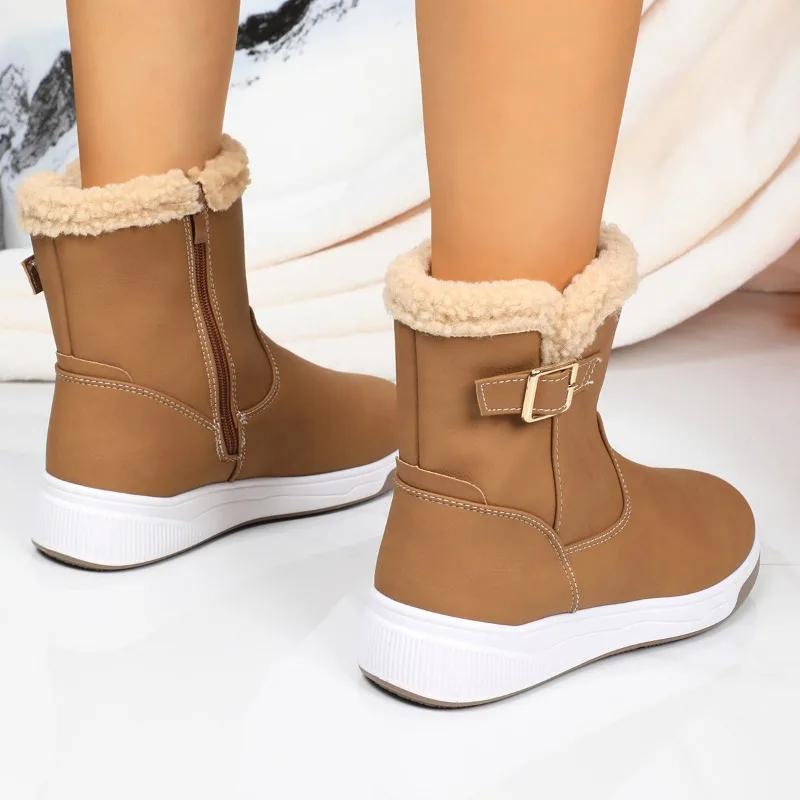 Fashion Winter New Snow Boots 2024 Mid-Calf Women's BootsModern Boots Women Buckle Round Toe Platform Flat with Side Zip Shoes Women