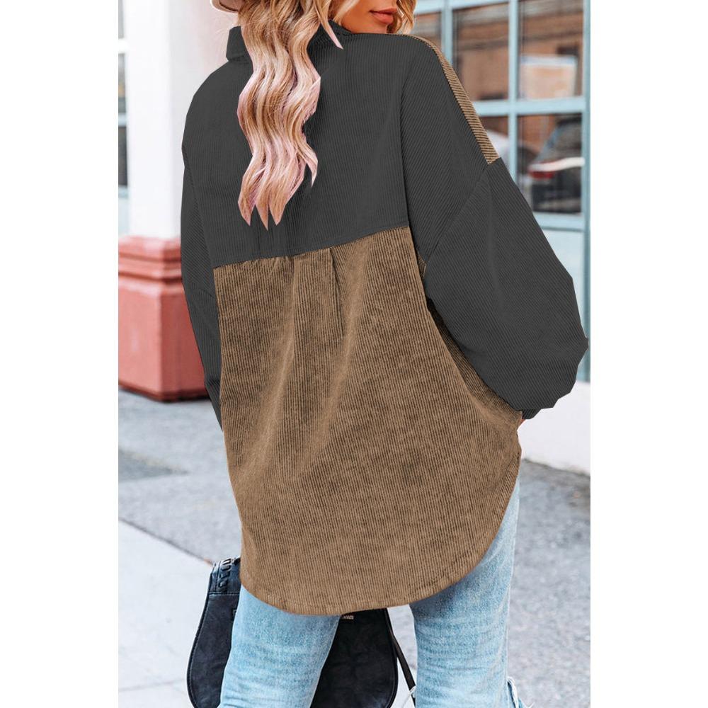 Women's Loose Casual Color Blocked Lapel Button Long Sleeved Shirt Top Long Sleeved Shirt