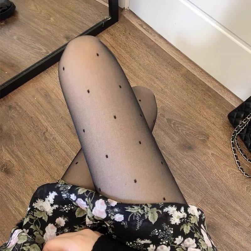 Sexy Black Stockings Women Heart Polka Dot Bow Knot Lolita Pantyhose Tight High Socks Female Transparent High Elastic Stockings