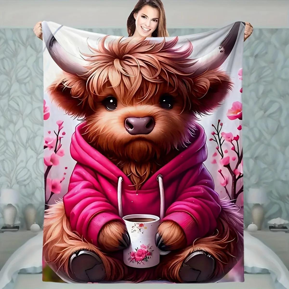 Highland Cow Fleece Throw Blanket, Soft Contemporary Style for Sofa Bed, All Season Digital Print, Cozy Home Decor Gift 70x100cm
