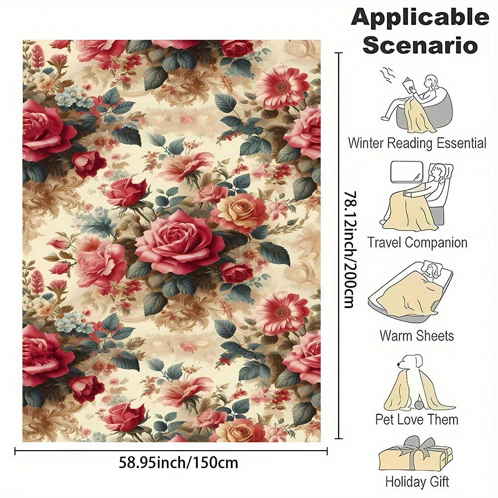 [Soft Vintage Rose Blanket] Soft and High Quality Vintage Rose Floral Pattern Flannel Throw Blanket | Digital Print, Non-Woven P