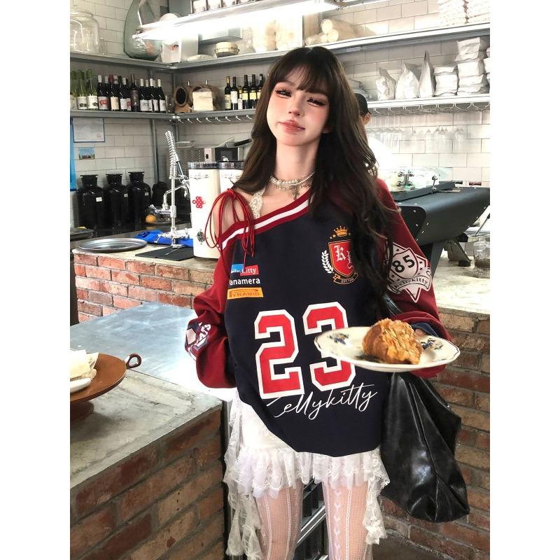 American Citygirl Loose Oblique Shoulder Strap Design Sense Hoodie Women In Early Autumn New Casual Sports Top