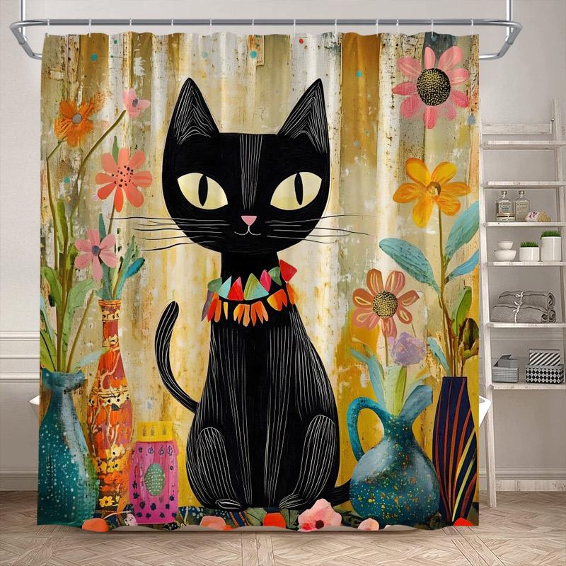 Funny Black Cat Shower Curtains Cute Animal Pet Floral Vintage Painting Art Modern Fabric Home Bathroom Decor Bath Curtain Set